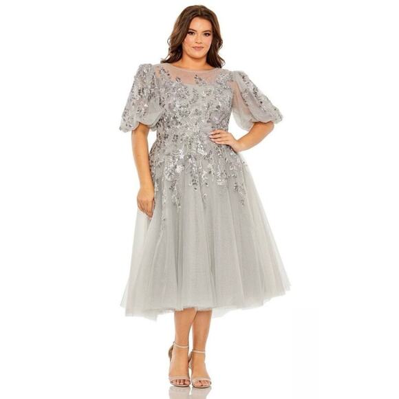 Mac Duggal 20475 Silver Gray Sequin Beaded Tulle Midi Dress Size 12 NWT - Picture 2 of 9